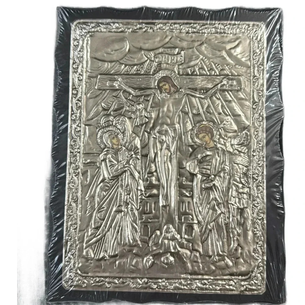 Handmade Greek Christian Orthodox Wood-Metallic icon Crucifixion of Jesus Christ